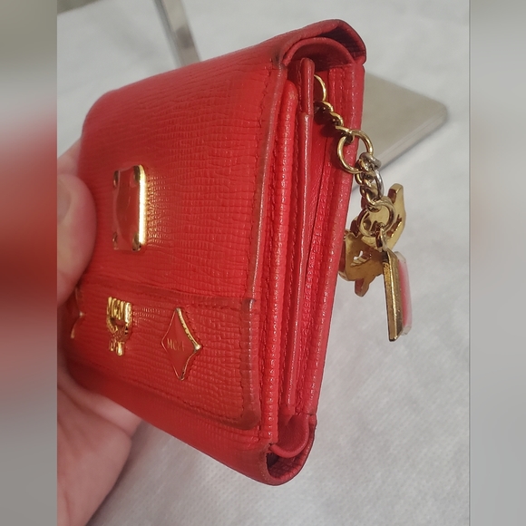 MCM Red Leather Studded Logo Motifs Trifold Wallet w/ Charms - Picture 6 of 16